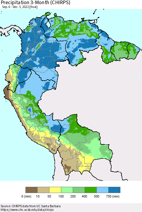 Northern South America Precipitation 3-Month (CHIRPS) Thematic Map For 9/6/2022 - 12/5/2022