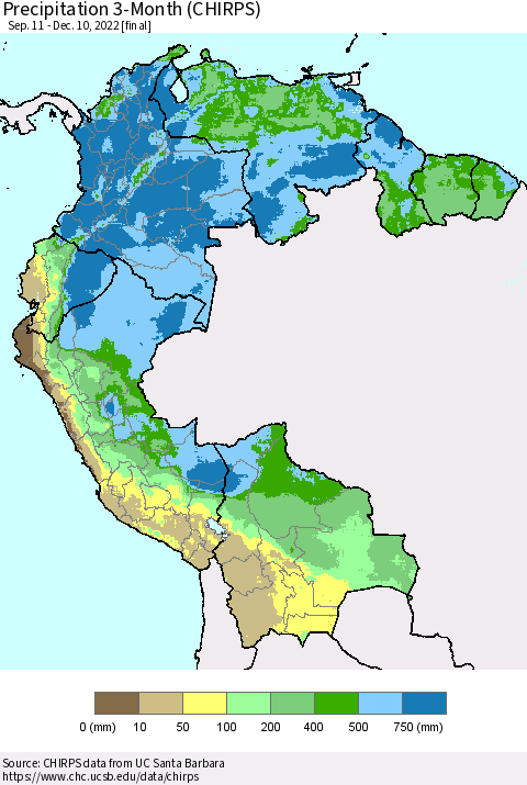 Northern South America Precipitation 3-Month (CHIRPS) Thematic Map For 9/11/2022 - 12/10/2022