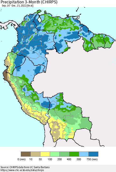 Northern South America Precipitation 3-Month (CHIRPS) Thematic Map For 9/16/2022 - 12/15/2022