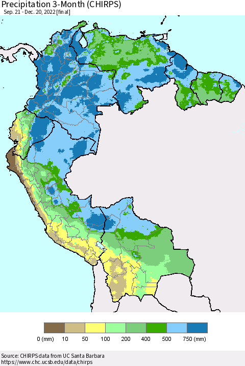 Northern South America Precipitation 3-Month (CHIRPS) Thematic Map For 9/21/2022 - 12/20/2022