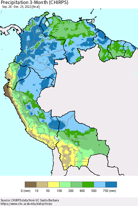 Northern South America Precipitation 3-Month (CHIRPS) Thematic Map For 9/26/2022 - 12/25/2022