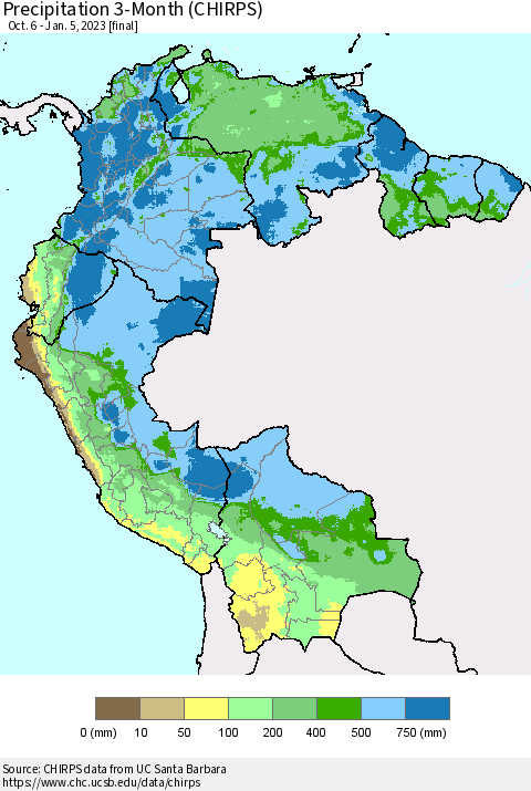 Northern South America Precipitation 3-Month (CHIRPS) Thematic Map For 10/6/2022 - 1/5/2023