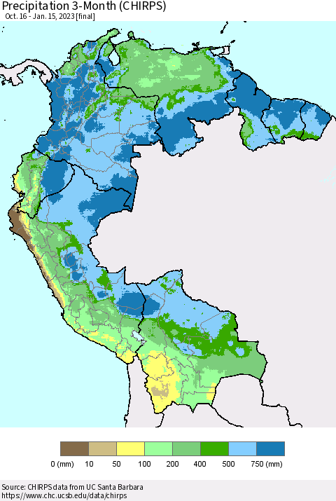 Northern South America Precipitation 3-Month (CHIRPS) Thematic Map For 10/16/2022 - 1/15/2023