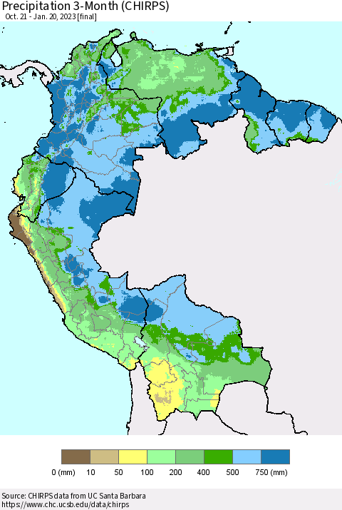 Northern South America Precipitation 3-Month (CHIRPS) Thematic Map For 10/21/2022 - 1/20/2023