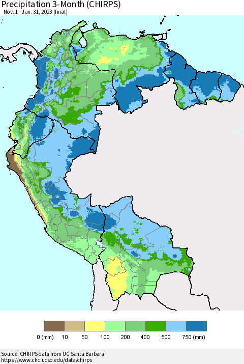 Northern South America Precipitation 3-Month (CHIRPS) Thematic Map For 11/1/2022 - 1/31/2023