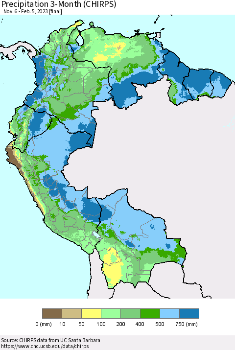 Northern South America Precipitation 3-Month (CHIRPS) Thematic Map For 11/6/2022 - 2/5/2023