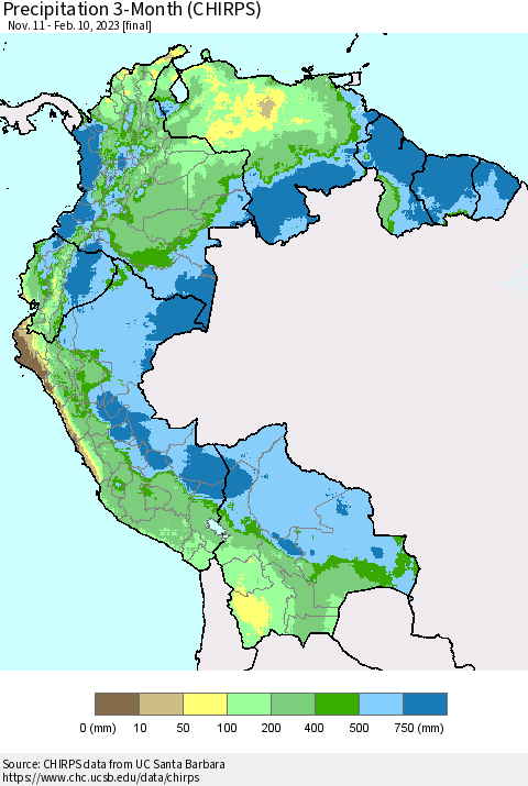 Northern South America Precipitation 3-Month (CHIRPS) Thematic Map For 11/11/2022 - 2/10/2023