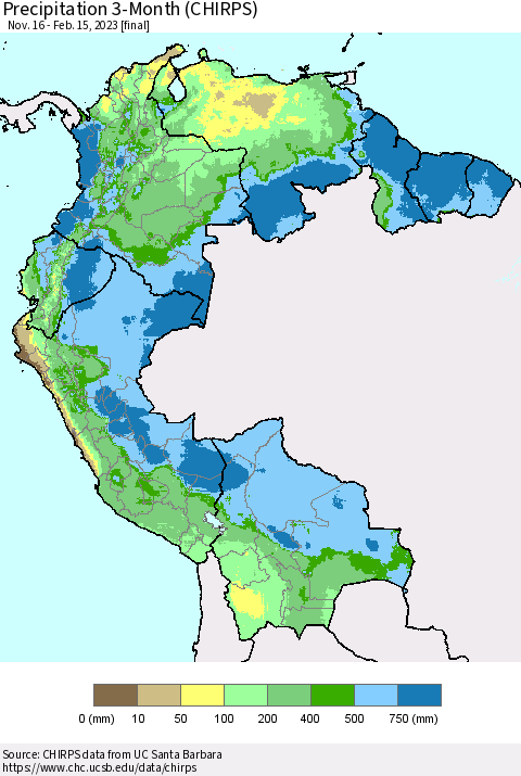 Northern South America Precipitation 3-Month (CHIRPS) Thematic Map For 11/16/2022 - 2/15/2023
