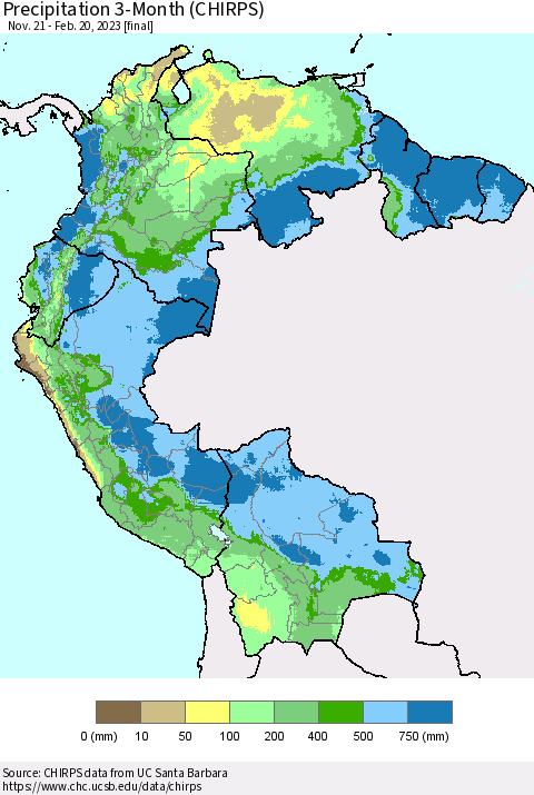 Northern South America Precipitation 3-Month (CHIRPS) Thematic Map For 11/21/2022 - 2/20/2023
