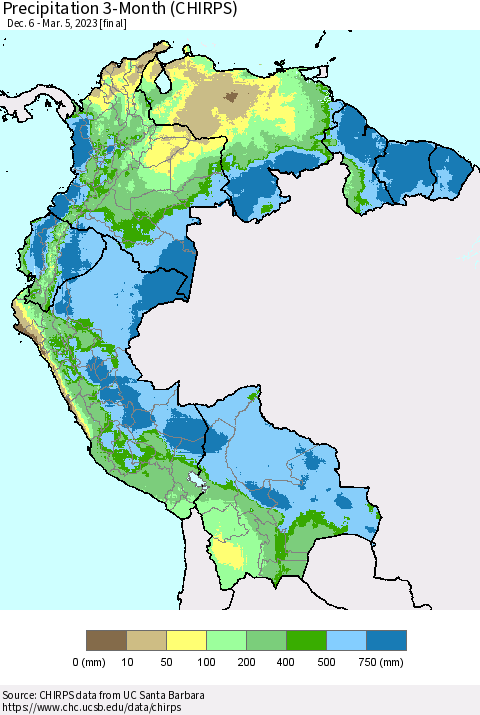Northern South America Precipitation 3-Month (CHIRPS) Thematic Map For 12/6/2022 - 3/5/2023