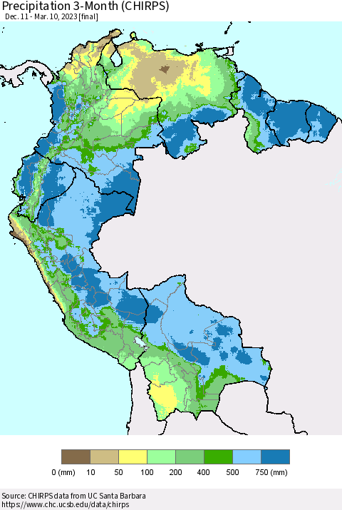 Northern South America Precipitation 3-Month (CHIRPS) Thematic Map For 12/11/2022 - 3/10/2023