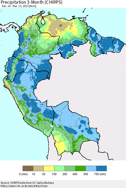 Northern South America Precipitation 3-Month (CHIRPS) Thematic Map For 12/16/2022 - 3/15/2023