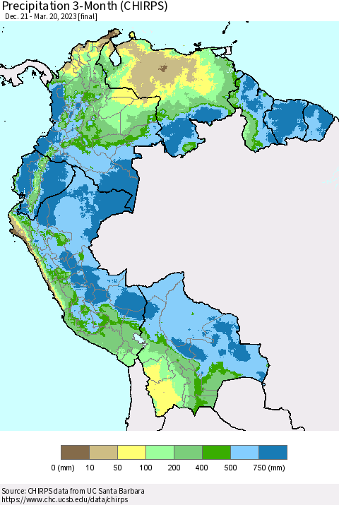 Northern South America Precipitation 3-Month (CHIRPS) Thematic Map For 12/21/2022 - 3/20/2023