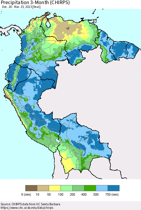 Northern South America Precipitation 3-Month (CHIRPS) Thematic Map For 12/26/2022 - 3/25/2023