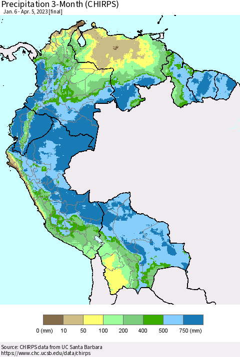 Northern South America Precipitation 3-Month (CHIRPS) Thematic Map For 1/6/2023 - 4/5/2023