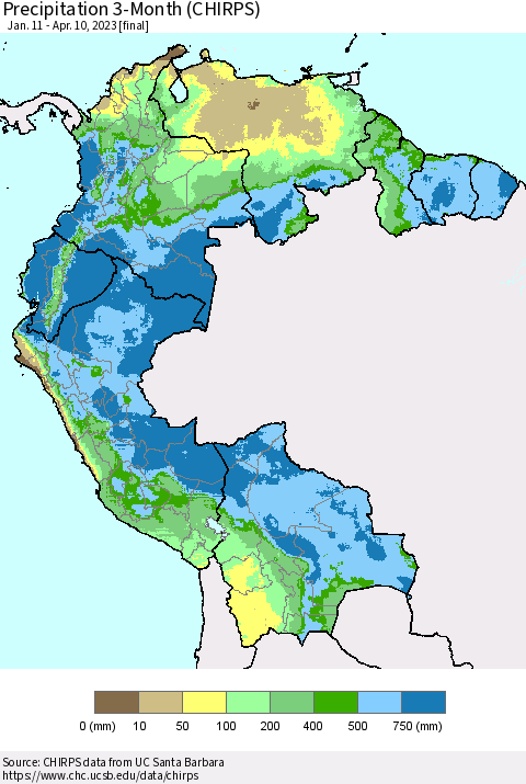 Northern South America Precipitation 3-Month (CHIRPS) Thematic Map For 1/11/2023 - 4/10/2023