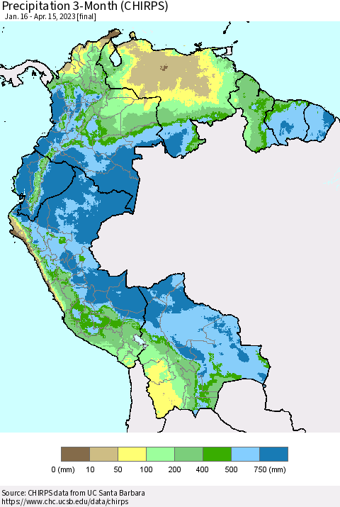 Northern South America Precipitation 3-Month (CHIRPS) Thematic Map For 1/16/2023 - 4/15/2023