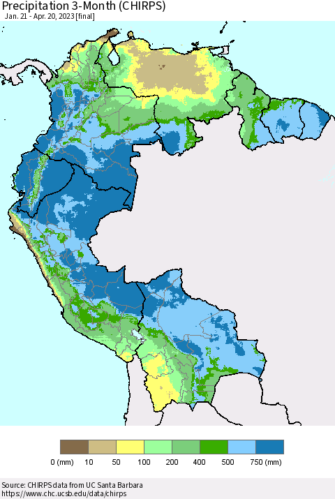 Northern South America Precipitation 3-Month (CHIRPS) Thematic Map For 1/21/2023 - 4/20/2023