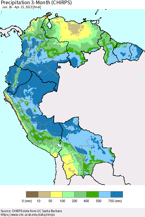 Northern South America Precipitation 3-Month (CHIRPS) Thematic Map For 1/26/2023 - 4/25/2023