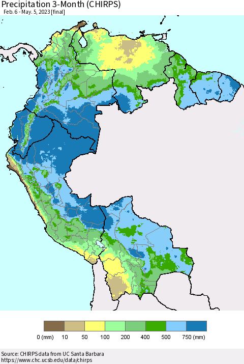 Northern South America Precipitation 3-Month (CHIRPS) Thematic Map For 2/6/2023 - 5/5/2023