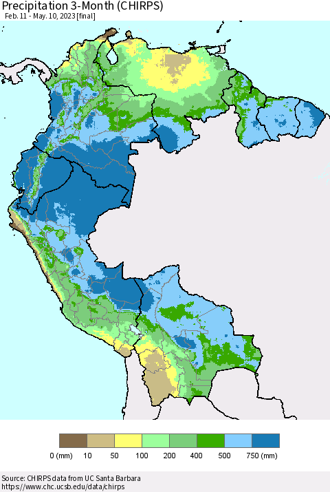 Northern South America Precipitation 3-Month (CHIRPS) Thematic Map For 2/11/2023 - 5/10/2023