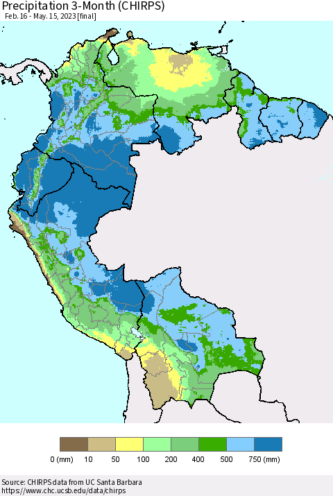 Northern South America Precipitation 3-Month (CHIRPS) Thematic Map For 2/16/2023 - 5/15/2023
