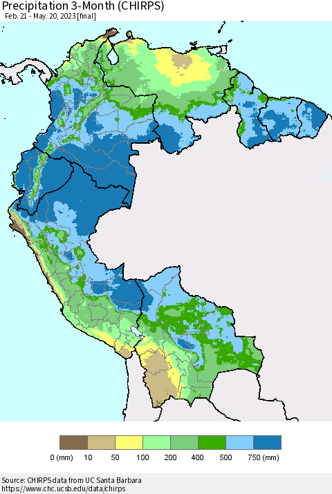 Northern South America Precipitation 3-Month (CHIRPS) Thematic Map For 2/21/2023 - 5/20/2023