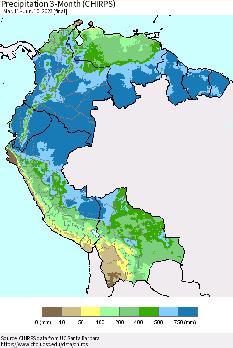 Northern South America Precipitation 3-Month (CHIRPS) Thematic Map For 3/11/2023 - 6/10/2023