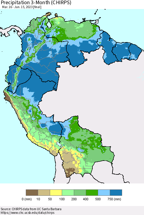 Northern South America Precipitation 3-Month (CHIRPS) Thematic Map For 3/16/2023 - 6/15/2023
