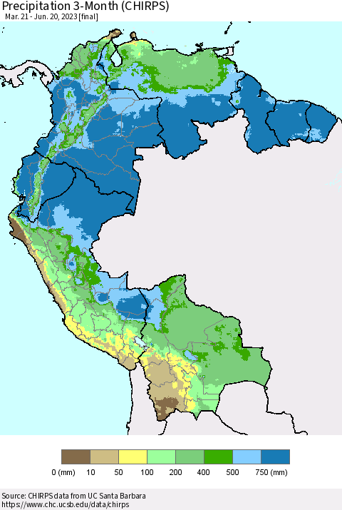Northern South America Precipitation 3-Month (CHIRPS) Thematic Map For 3/21/2023 - 6/20/2023