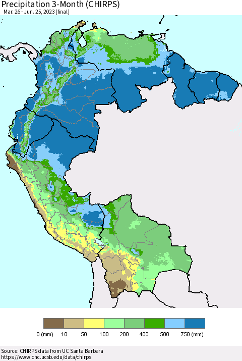 Northern South America Precipitation 3-Month (CHIRPS) Thematic Map For 3/26/2023 - 6/25/2023
