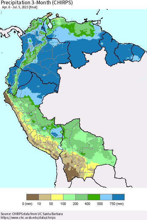 Northern South America Precipitation 3-Month (CHIRPS) Thematic Map For 4/6/2023 - 7/5/2023