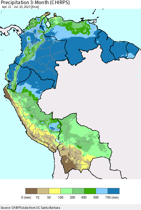 Northern South America Precipitation 3-Month (CHIRPS) Thematic Map For 4/11/2023 - 7/10/2023