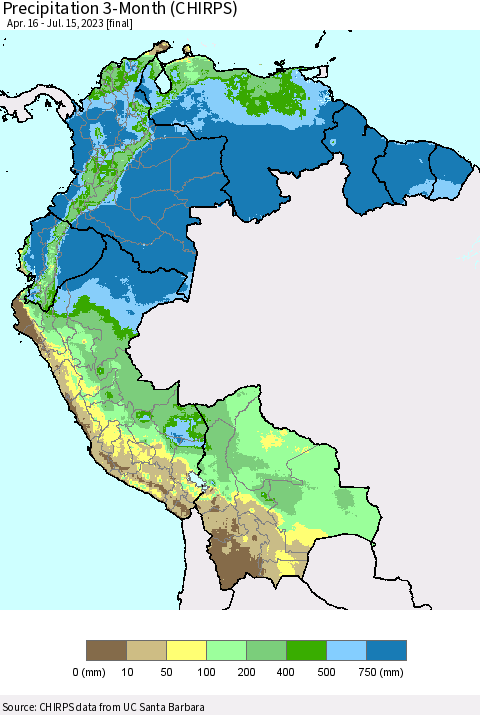 Northern South America Precipitation 3-Month (CHIRPS) Thematic Map For 4/16/2023 - 7/15/2023