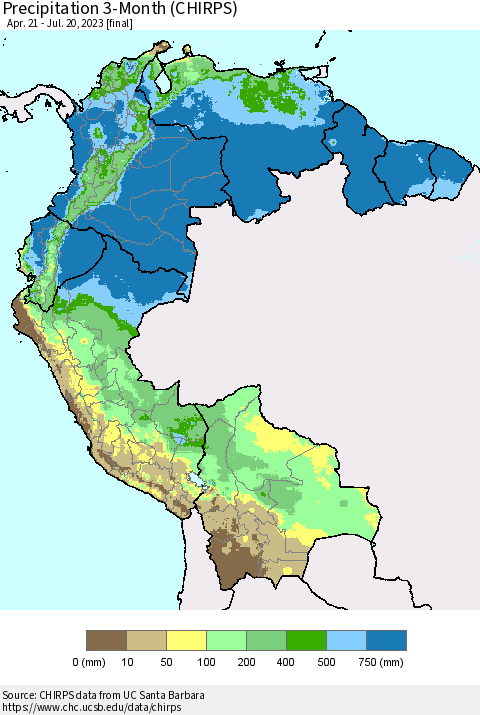 Northern South America Precipitation 3-Month (CHIRPS) Thematic Map For 4/21/2023 - 7/20/2023