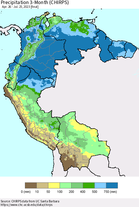 Northern South America Precipitation 3-Month (CHIRPS) Thematic Map For 4/26/2023 - 7/25/2023