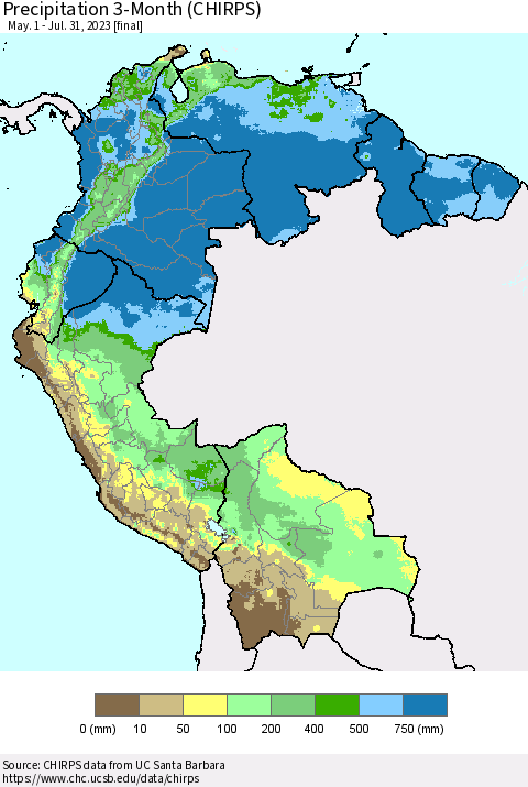 Northern South America Precipitation 3-Month (CHIRPS) Thematic Map For 5/1/2023 - 7/31/2023