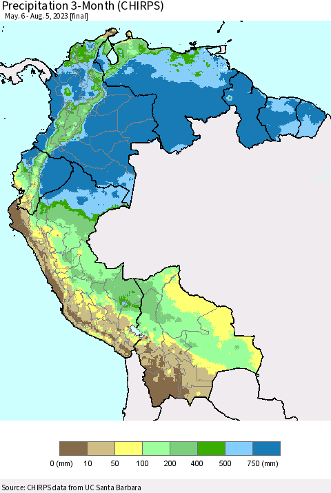Northern South America Precipitation 3-Month (CHIRPS) Thematic Map For 5/6/2023 - 8/5/2023
