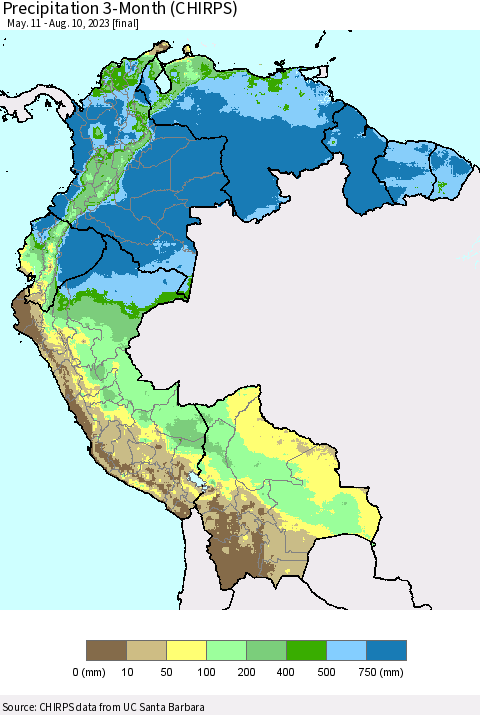 Northern South America Precipitation 3-Month (CHIRPS) Thematic Map For 5/11/2023 - 8/10/2023