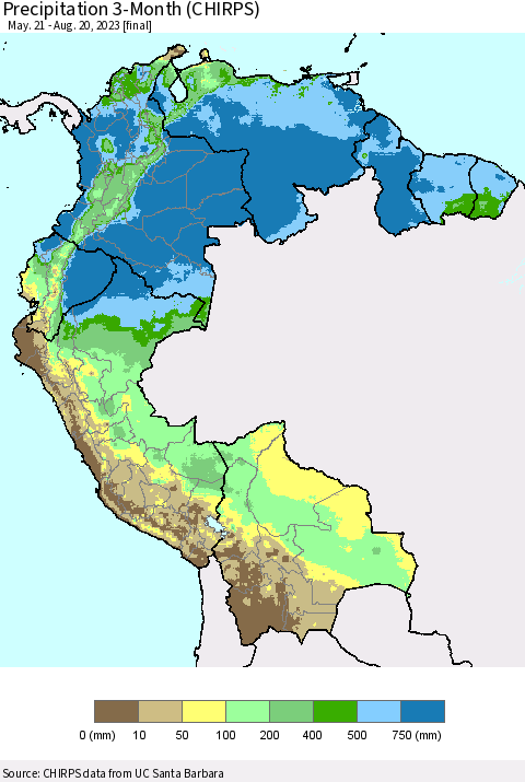 Northern South America Precipitation 3-Month (CHIRPS) Thematic Map For 5/21/2023 - 8/20/2023