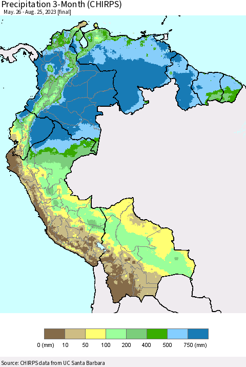 Northern South America Precipitation 3-Month (CHIRPS) Thematic Map For 5/26/2023 - 8/25/2023