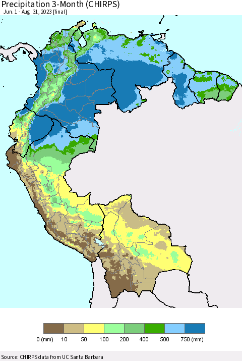Northern South America Precipitation 3-Month (CHIRPS) Thematic Map For 6/1/2023 - 8/31/2023