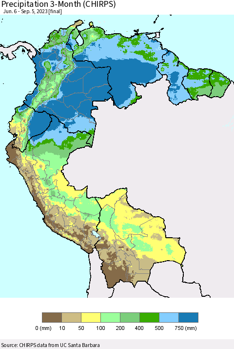 Northern South America Precipitation 3-Month (CHIRPS) Thematic Map For 6/6/2023 - 9/5/2023