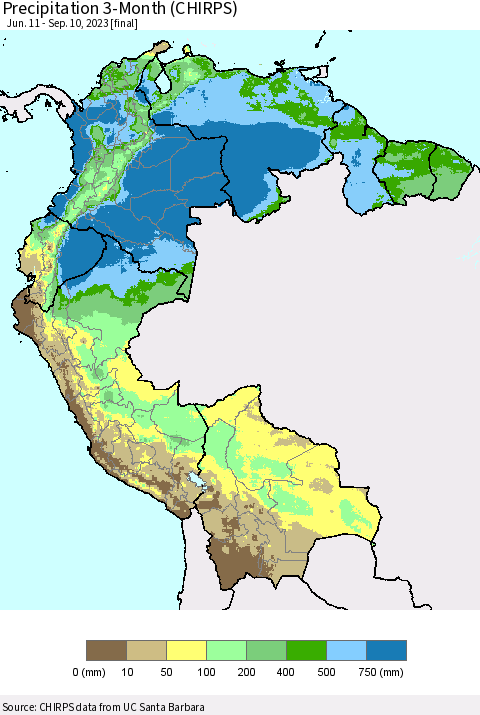 Northern South America Precipitation 3-Month (CHIRPS) Thematic Map For 6/11/2023 - 9/10/2023