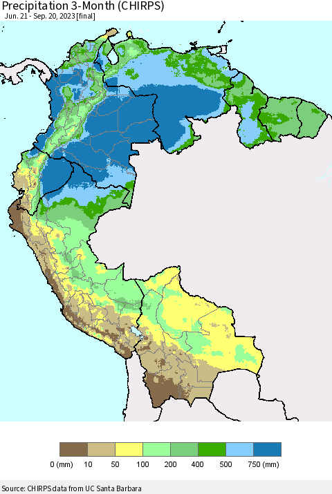Northern South America Precipitation 3-Month (CHIRPS) Thematic Map For 6/21/2023 - 9/20/2023