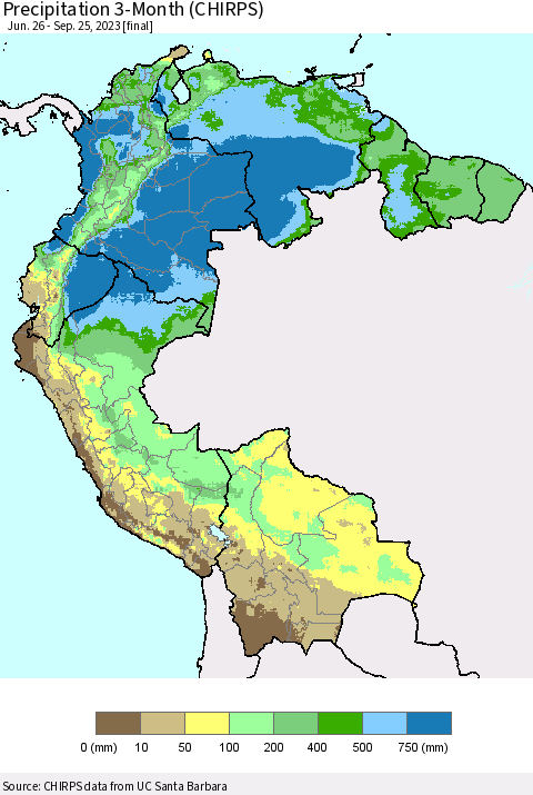 Northern South America Precipitation 3-Month (CHIRPS) Thematic Map For 6/26/2023 - 9/25/2023
