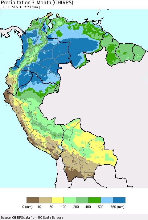 Northern South America Precipitation 3-Month (CHIRPS) Thematic Map For 7/1/2023 - 9/30/2023