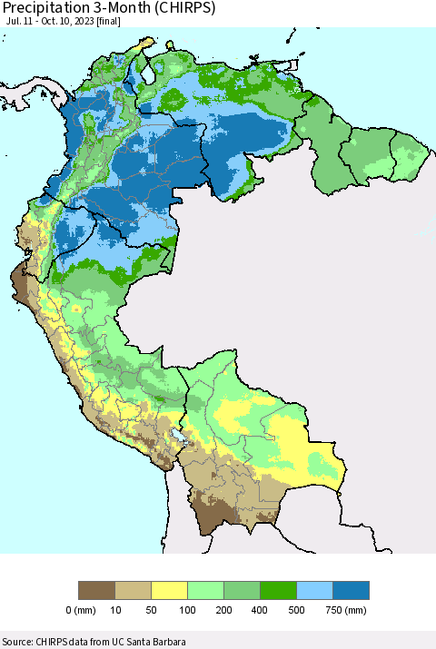 Northern South America Precipitation 3-Month (CHIRPS) Thematic Map For 7/11/2023 - 10/10/2023