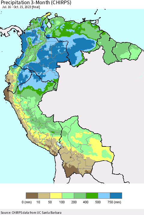 Northern South America Precipitation 3-Month (CHIRPS) Thematic Map For 7/16/2023 - 10/15/2023
