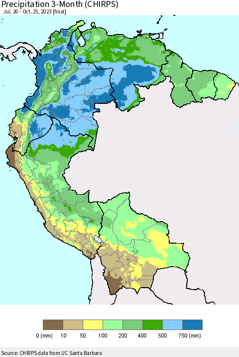 Northern South America Precipitation 3-Month (CHIRPS) Thematic Map For 7/26/2023 - 10/25/2023